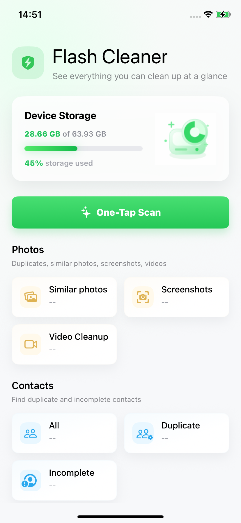 Flash Cleaner app home screen showing device storage, one-tap scan, photos, and contacts cleanup modules
